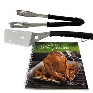 Pampered Chef BBQ Tool Set Tongs Spatula Great Grilling Recipes Cookbook